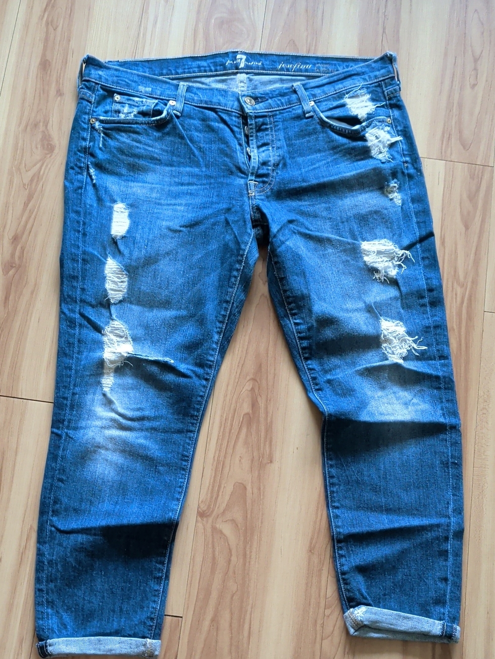 7 For All Mankind Distressed Dark Blue Boyfriend Jeans